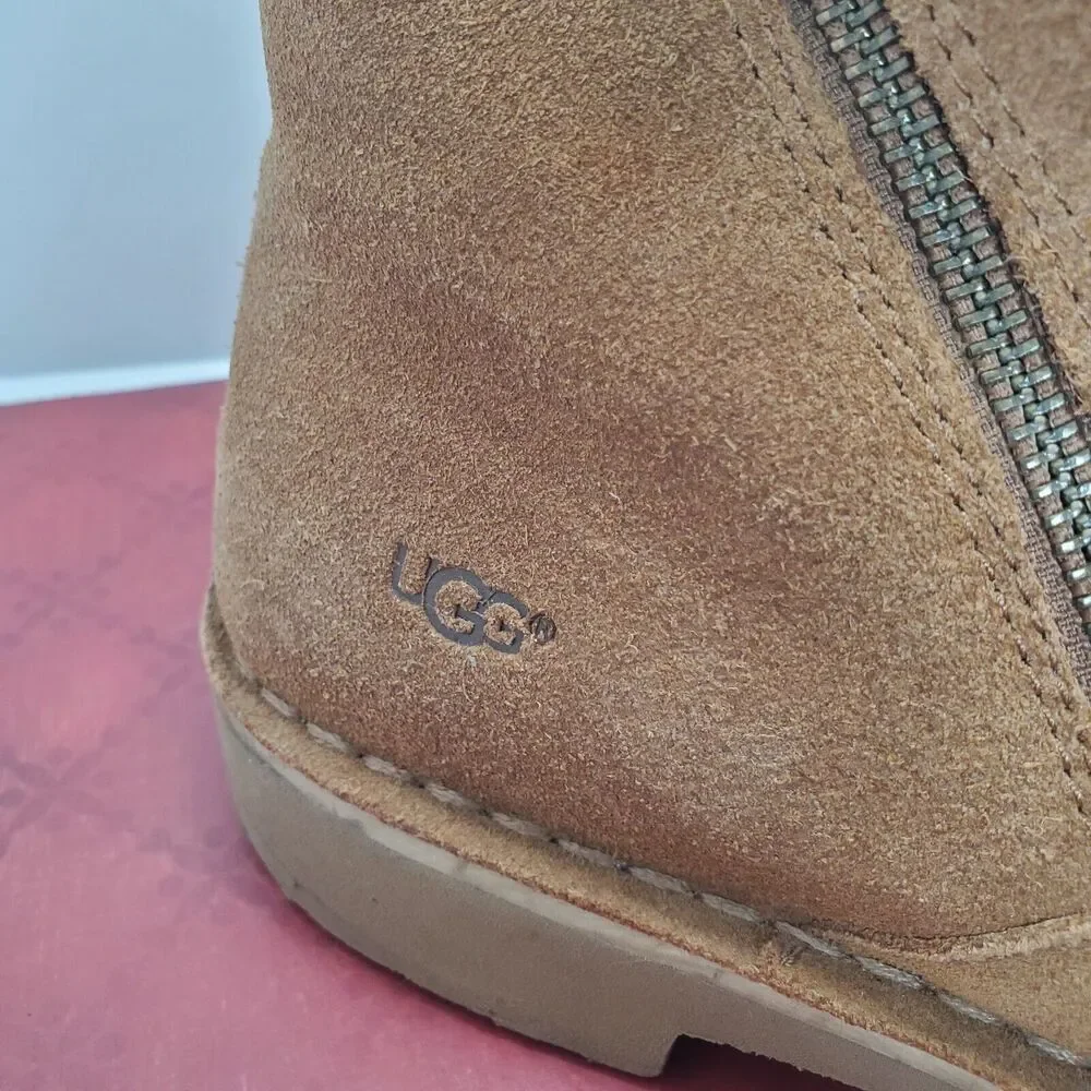 UGG KAYEL WOMEN ANKLE BOOTS LEATHER CHESTNUT US SIZE 7 EUC COZY WARM